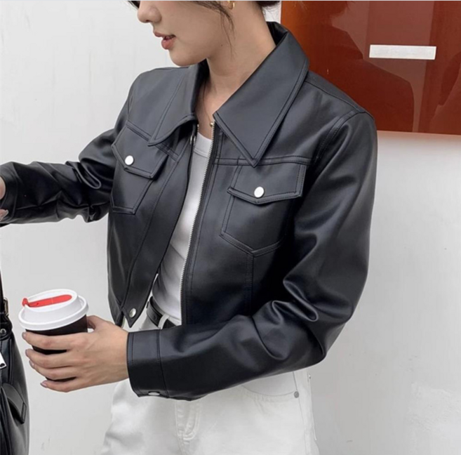 여성용 쇼트 PU 재킷 봄 가을 기본핏 인조 레더 라이더 재킷 Women's Jacket 1P016