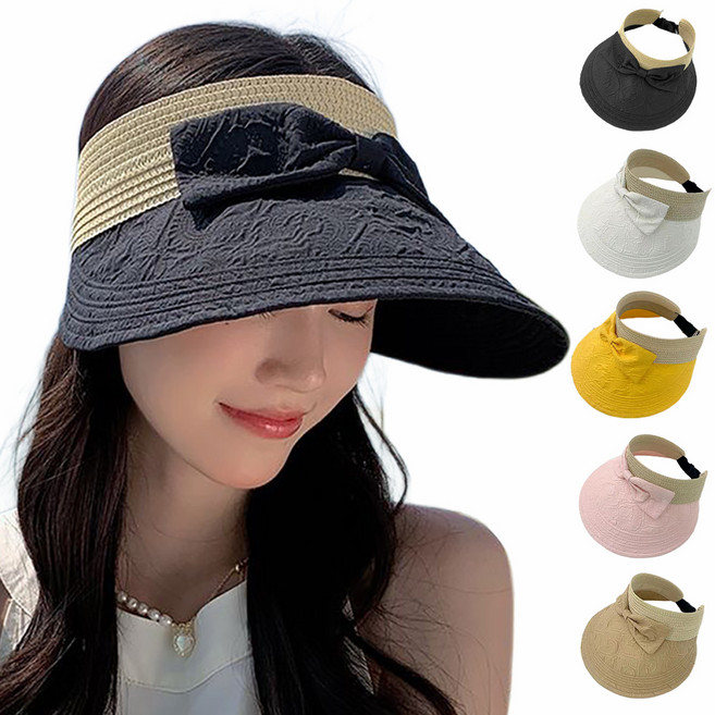 [HANNAL] 얼굴소멸 썬캡 와이드챙 리본 라탄 배색 썬바이저