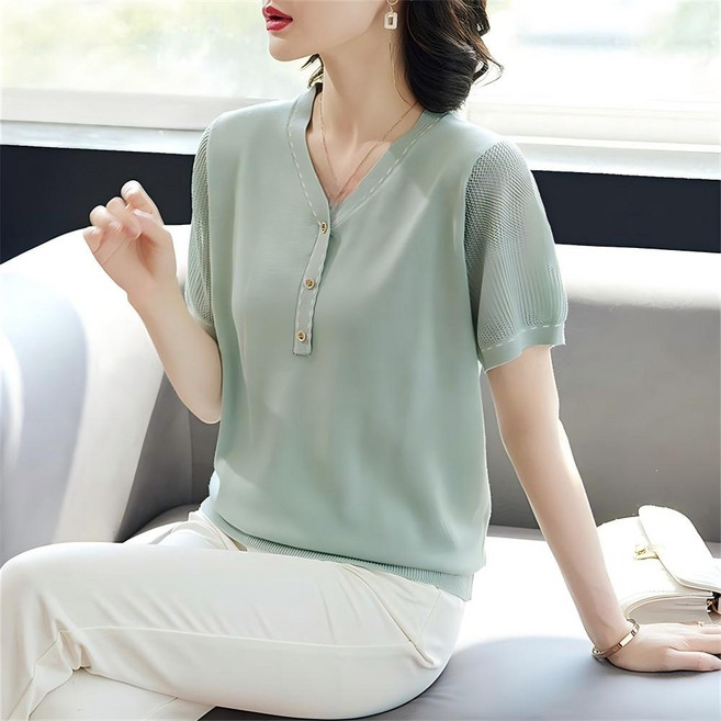 Vezri 엄마용 반팔 티셔츠 브이넥 단추 가벼운 루즈핏 데일리룩