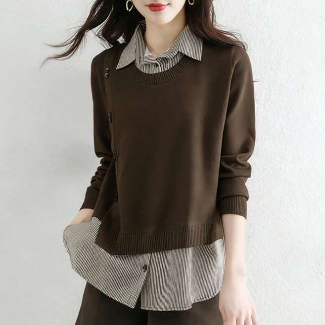 NUNUHANA 여성 루즈핏 니트 페이크 레이어드 셔츠