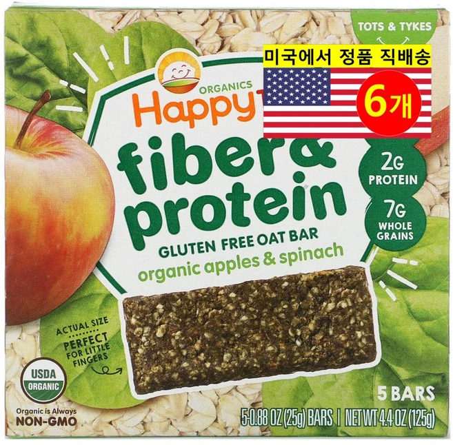 Happy Family Organics 유아용 오가닉 사과 시금치 부드럽게 구운 귀리 섬유 단백질 바 5개입 125g 3개, 6개 - 쿠팡