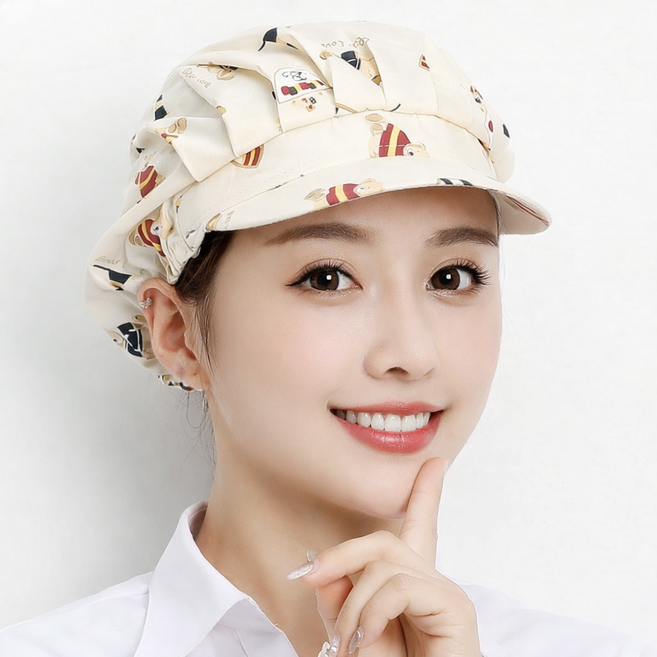 YIEUN 여성용 주방모자 두건 조리 알바 조리모 주방캡 꽃무늬 위생모자, 꼬마곰, 1개