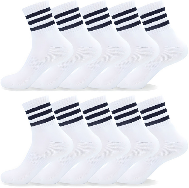 메가양말 로베르토 삼선 스포츠양말 중목 이중바닥 쿠션 국산고품질, 화이트, 10개