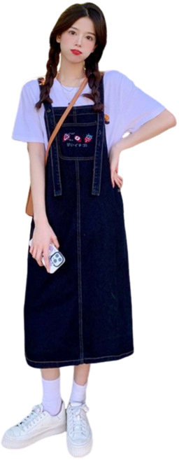 여성용 빅사이즈 하이웨스트 a라인 데님 자수 멜빵 스커트 미디스커트 데님 멜빵치마 뉴타임즈