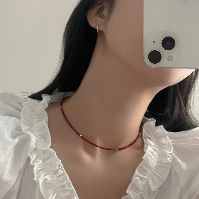 실버볼 레드 비즈 원석 써지컬 초커 목걸이