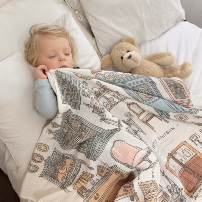 [몽쁘띠프로제] 봉봉 빈티지 일러스트 코튼 머슬린 2중거즈 감성 블랭킷, VTG FURNITURE