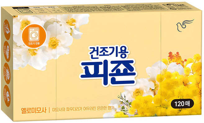 피죤 건조기용 오리지널 드라이시트 섬유유연제 옐로미모사 본품, 120개입, 1개