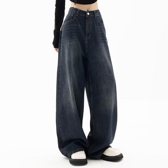 cammello 캐주얼 하이웨이스트 빈티지 롱와이드 워싱 청바지 항아리핏 데님팬츠