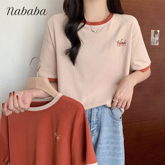 나바바 NT1649 여성 1+1 심플 배색 라운드넥 반팔 티셔츠