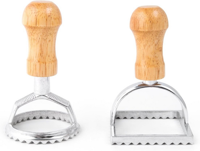 런 57670 라비올리 커터 스탬프 원형 및 정사각형 2개 세트 275 x 475 575 인치 1.5" 12 Ravioli Maker, 갈색/은색