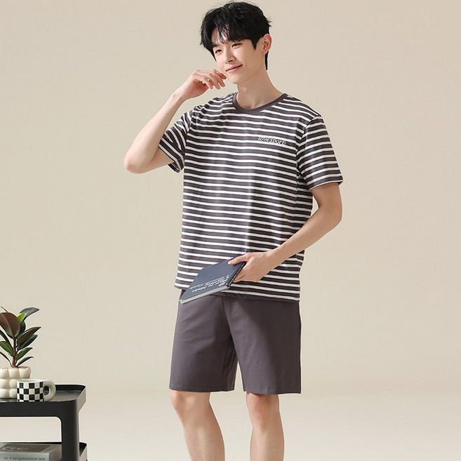 ANYOU 시원한 남성 빅사이즈 스트라이프 순면 잠옷 반팔 세트 오버핏 여름 홈웨어