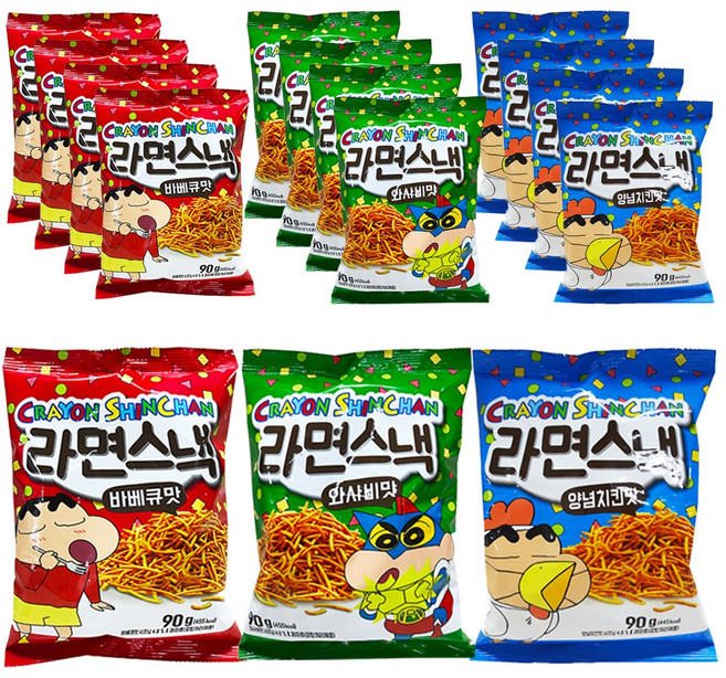 신짱 라면스낵 바베큐맛 90gx5개+와사비맛 90gx5개+양념치킨맛 90gx5개(총15개), 15개, 90g