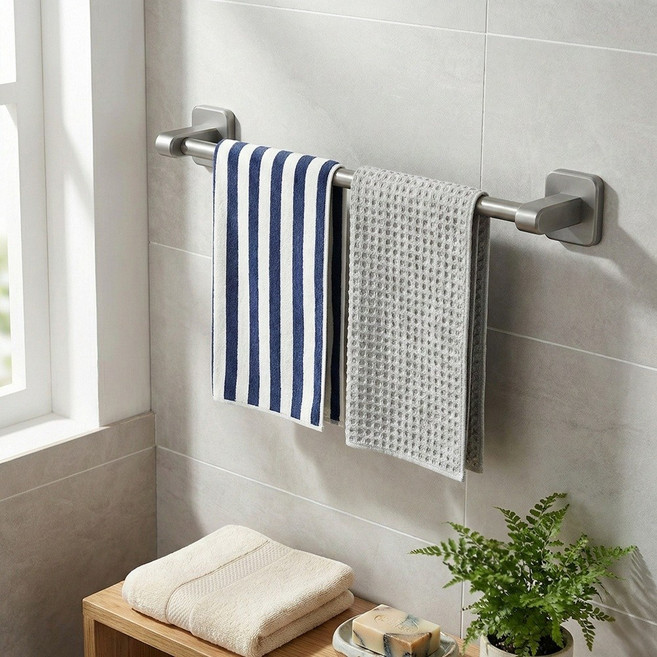 짹짹몰 무타공 수건걸이 수건거치대 키친타올걸이 일자형, 1개, 실버(silver)