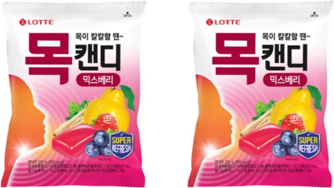 롯데제과 목캔디 믹스베리봉 217g x 2개 목에좋은사탕