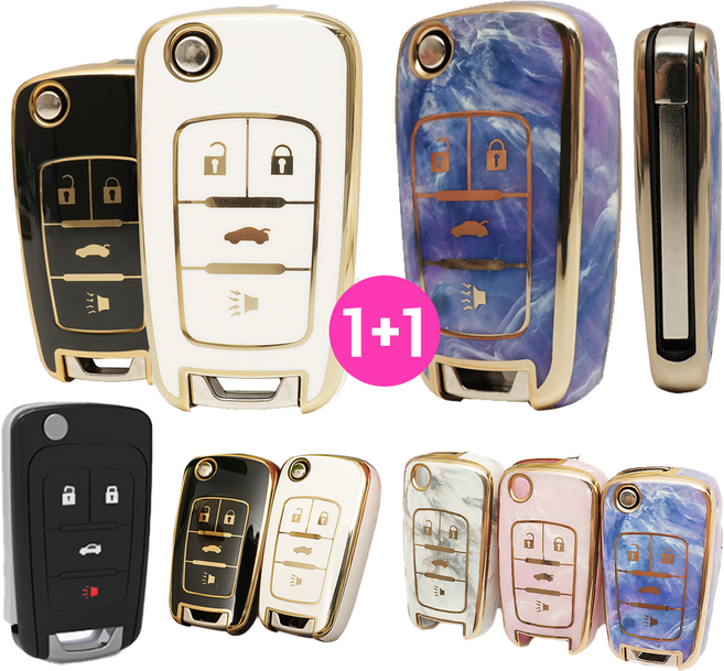 바이어블 1+1 쉐보레 차량용 TPU 4버튼 키케이스 키홀더 세트 말리부 알페온 카마로, TPU컬러-블랙골드 (TA-18), 대리석컬러-그린 (TC-18)
