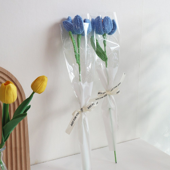 (당일발송) 이지유 뜨개 꽃 DIY 포장세트 시들지않는 카네이션 장미 어버이날 스승의날 성년의날 로즈데이 프로포즈 선물, 2개, 블루 오픈 튤립