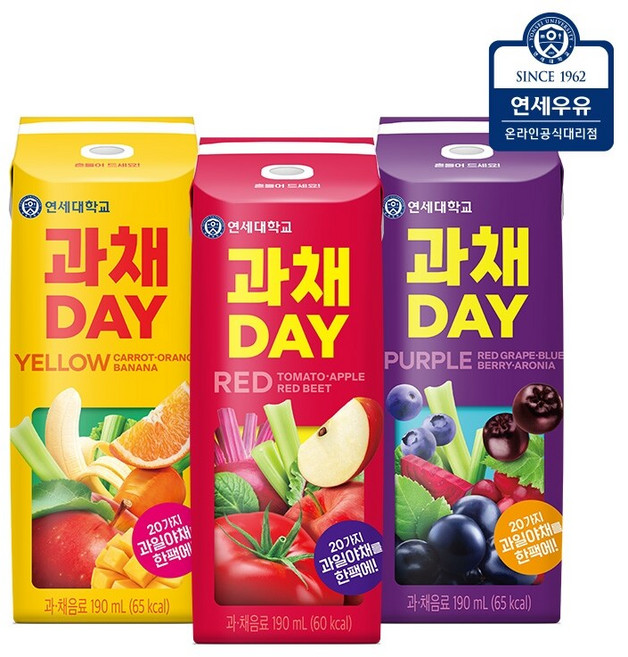 연세우유 과채데이 음료 버라이어티팩 레드/퍼플/옐로우 72팩, 72개, 190ml