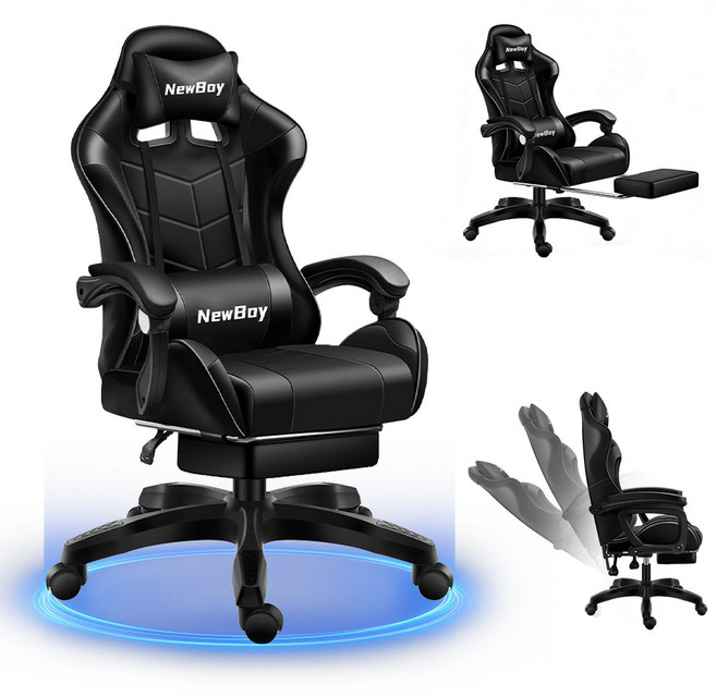 NewBoy 게이밍 의자 발받침 포함 최상의 착석감 책상용 의자 재택근무용 게이밍 의자 누울 수 있는 디자인 인체공학적 다양한 기능, 올블랙, 올블랙