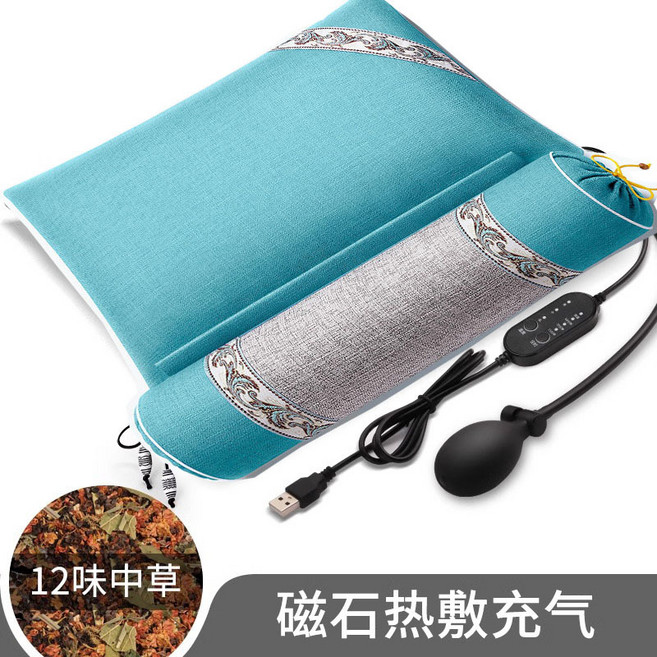 蕎麥艾草中草藥花草護頸枕52X28+9多規格, 充氣加熱款12味中草--海寶藍