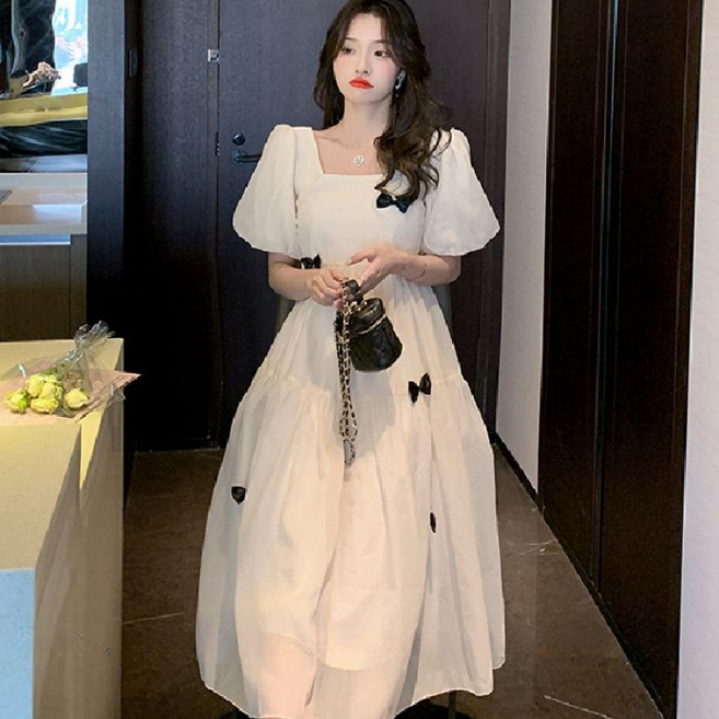해피유통 여성 봄여름 공주풍 퍼프소매 스퀘어넥 리본 장식 롱 원피스 LWJ