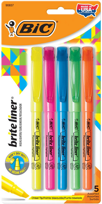 BIC 브라이트 라이너 형광펜 끌 팁 5개 팩 여러 가지 BIC Brite Liner Highlighters Chisel Tip 5-Count Pack of Highligh, 1개, 1개입