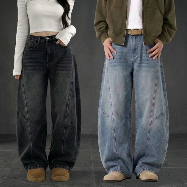 네로즈 남여공용 청바지 와이드 스판 커브드 데님 팬츠