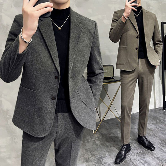 FINE ART 남성 모직 정장세트 두꺼운 양복 빅사이즈 정장 자켓 + 정장 바지 면접복 오피스룩 투피스