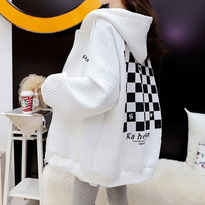 여성 빅사이즈 루즈핏 오버핏 엠보 레터링 꾸안꾸 데일리 프린팅 후드집업 하트체크후드집업