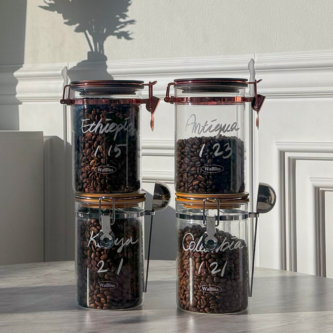 와블리스 원두 보관 내열 강화 유리 밀폐 용기 300g 월넛두껑, 월넛원목두껑 및 로즈골드 클립, 1개, 로즈골드클립