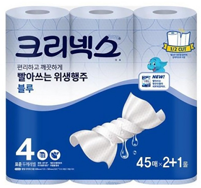 크리넥스 빨아쓰는 위생행주 블루 45매 2+1롤, 45개입, 3개