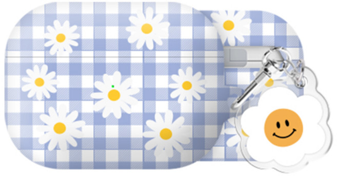 TRYCOZY 스마일플라워 하드 케이스+ 철가루방지스티커 2P + 키링 세트, 에어팟 프로 1세대, 체크 퍼플