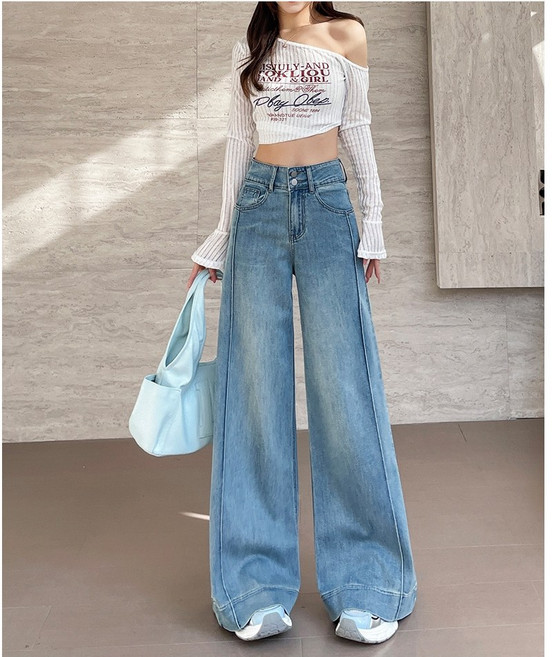 체인지쉬(change she)여성 세미 와이드 스판 부츠컷 롱 데님 팬츠