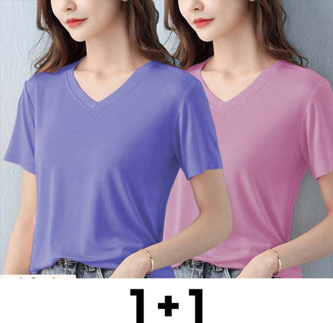 메인워크 1+1 여성 브이넥 반팔 티셔츠 여름용 아이스 슬림핏 모달 베이직 솔리드 기질 패션 쿨링 아우터 티 2매입