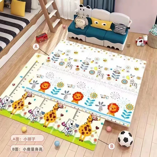 GUEFOON 嬰幼兒加厚摺疊爬行墊客廳遊戲地墊空間友善, 萌芽春天+長頸鹿量身高