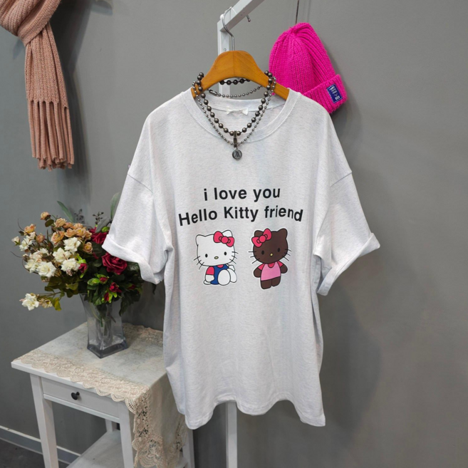 테이닝 냥이 키키 오버핏 라운드넥 반팔 티셔츠 여성용 면100% 캐주얼 여름