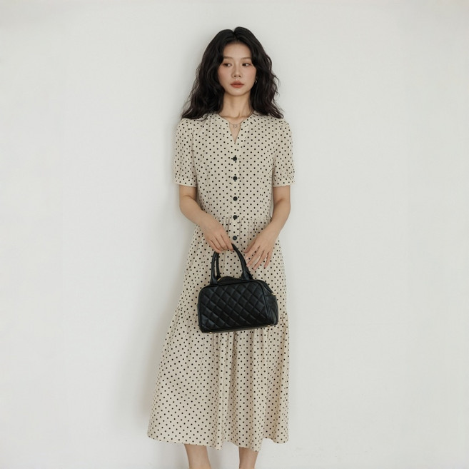 ZAJA 여성 린넨 원피스 루즈핏 도트무늬 롱원피스 데이트룩