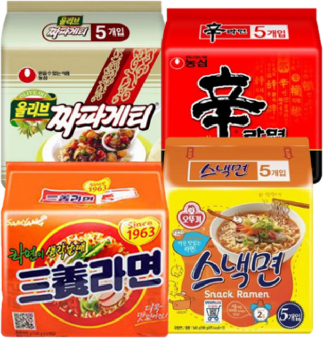 농심 신라면 5입 + 삼양라면오리지널 5입 + 스낵면 5입 + 올리브유짜파게티 5입, 1세트