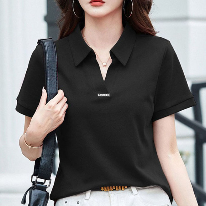 여성용 여름 골프 심플 캐주얼 카라 브이넥 반팔 티셔츠 여성 반소매 무지 반팔티 면 카라티 오버핏 티셔츠 5color