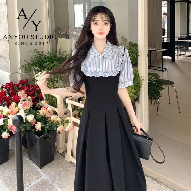 ANYOU 블랙 여성 원피스 학원풍 여름원피스 데일리룩 빅사이즈원피스 루즈핏 셔츠원피스 하객룩 바캉스룩 오피스룩