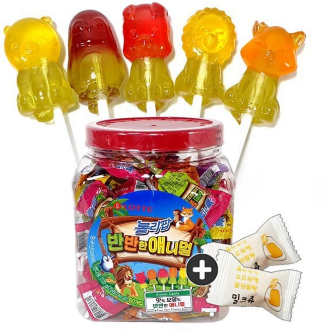 주전부리몰 롤리팝 반반한 애니멀사탕(60입) x 1통(+밀크츄 2개), 1개, 12g