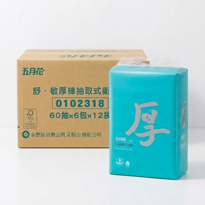 五月花 厚厚棒抽取式衛生紙, 1箱, 【淺綠色】厚棒衛生紙60抽一箱12串, 12個裝, 18cm