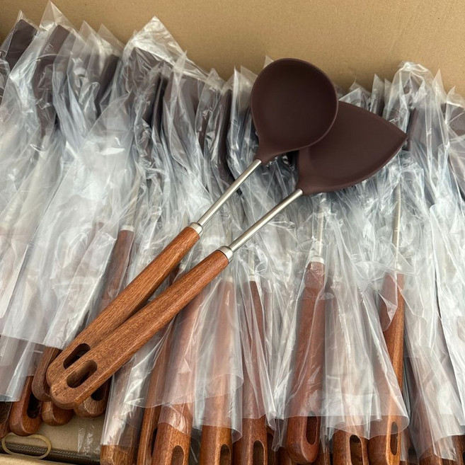 矽膠炒菜鍋鏟湯勺家用廚具套裝, 1個, 鍋鏟+湯勺 烏檀木柄/硅膠頭, N/A, 鍋鏟,湯勺