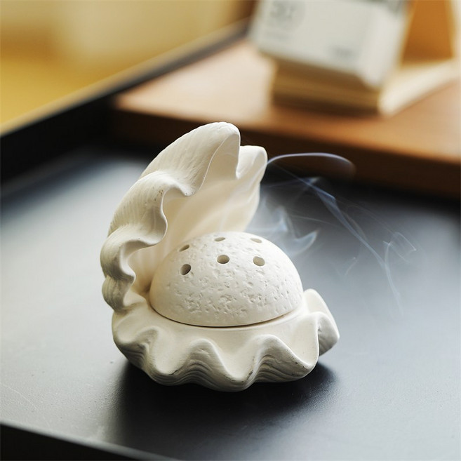 조개 모양 세라믹 향로 창의적인 아로마 향로 뚜껑 있는 향 받침대 원반형 향로 홈 인테리어 장식 오브제 탁상용 거실 사무실 인테리어 장식, 1개