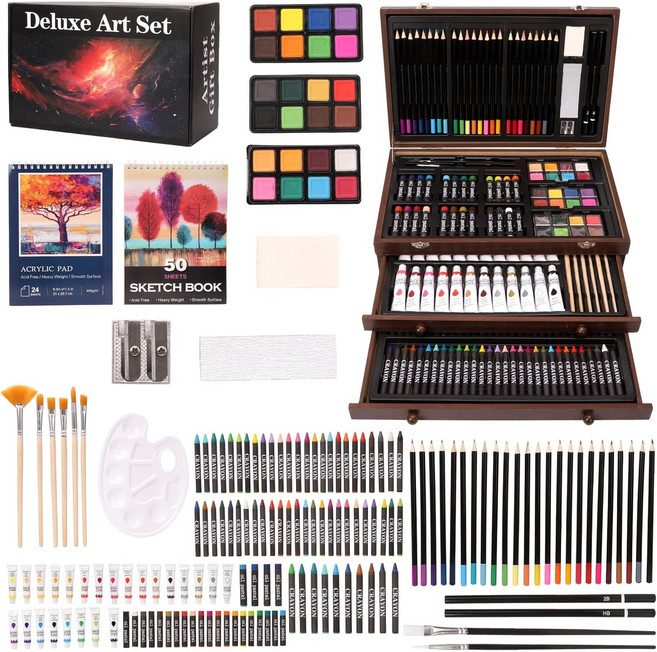 운마살루 175피스 디럭스 아트 세트 스케치북 아크릴 페인트 크레용 오일 파스텔 수채화 케이크 컬러 연필 청소년 성인 예술가를 위한 키트 선물 상자브라운, Brown
