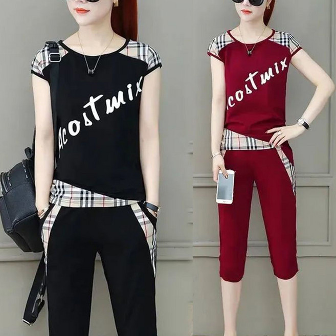 빅사이즈 ~4xl까지 여성용 운동복 상하의세트 레터링 반팔티 + 7부바지 배색 트레이닝복 투피스 80kg까지