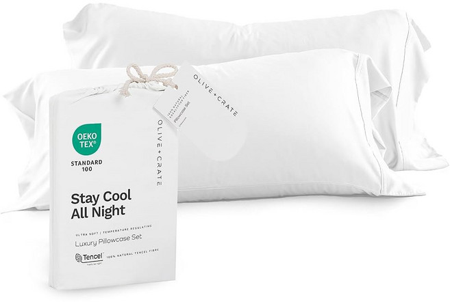 올리브 크레이트 텐셀 유칼립투스 베개 커버 - 수면자를 위한 100% 텐셀 리오셀 쿨링 베개 케이스 - 저자극성 수분 흡수 실크 얼터너티브 - 표준 사이즈 2종 세트 []