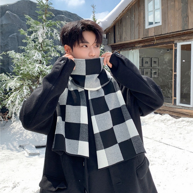ZAJA 봄 깔끔한 남성 체크 니트 머플러 목도리 남친 선물용