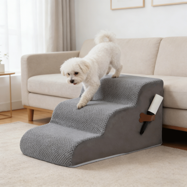 강아지계단 3단 논슬립 슬개골보호 미끄럼방지 애견 쇼파계단 커브 스텝, 1개, 그레이