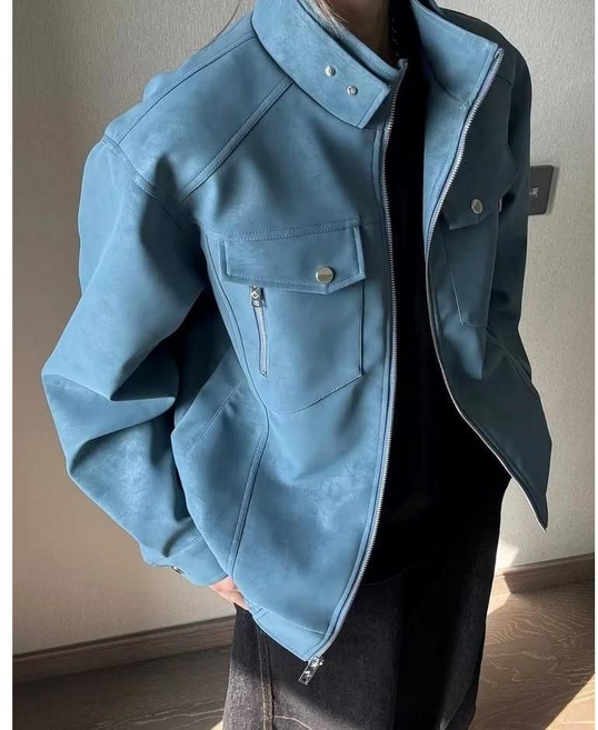 FINE ART 남자 폴라 PU 가죽 자켓 오버핏 블루종 빅사이즈 라이더자켓 오토바이 점퍼 봄가을 코트