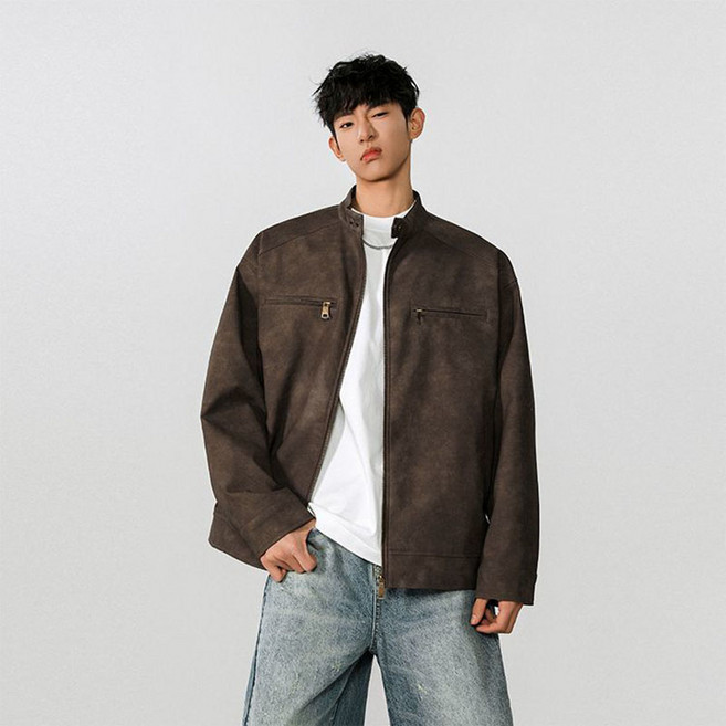 AOKADA 남성 봄 가을 오버핏 스탠드 카라 스웨드 자켓 아우터